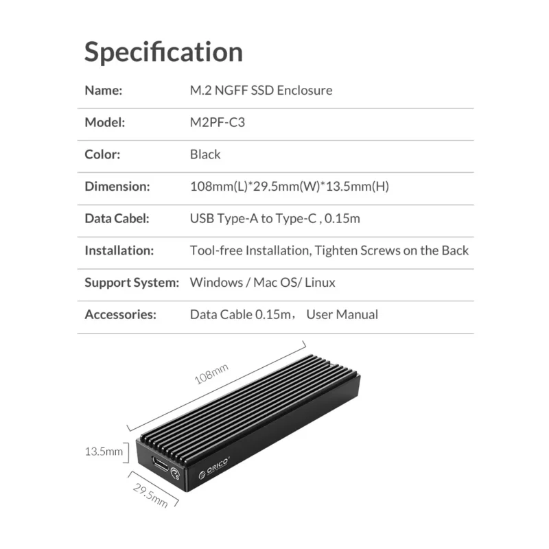 ORICO M2PF-C3 M.2 NGFF SSD Enclosure (M2外置盒)